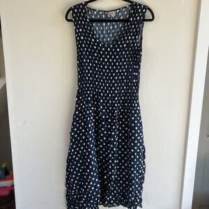 Alquema Polka Dot Crinkle Midi Dress Women’s M/L Black White‎ Tank Pockets